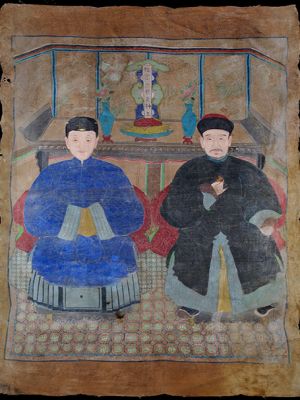 Alte chinesische Ahnen Porträtmalerei - Ahnenbilder - Paar der Qing-Dynastie