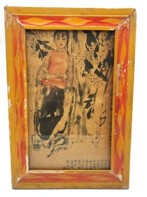 Alte chinesische Holzrahmen - Malerei - Das Dorfmädchen im Wald