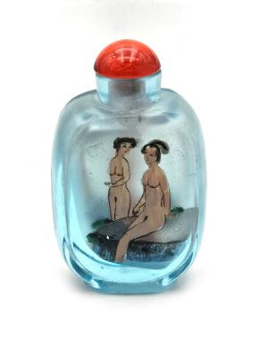 Alte chinesische Schnupftabakflasche - Geblasenes Glas - Erotisch - Blau