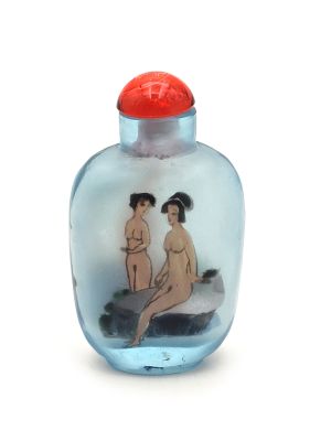 Alte chinesische Schnupftabakflasche - Geblasenes Glas - Erotisch - Blau - Oval