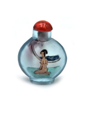 Alte chinesische Schnupftabakflasche - Geblasenes Glas - Erotisch - Blau - Rund
