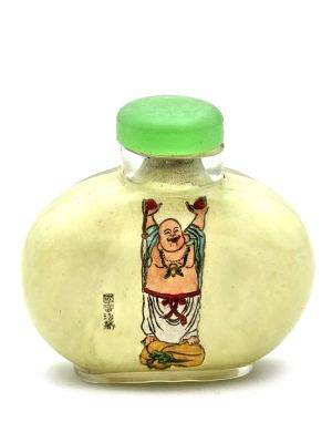 Alte Glas Schnupftabakflasche Lachender Buddha