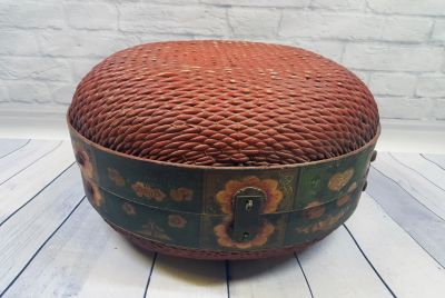 Antigua gran caja de sombrero chino trenzado - Basketry