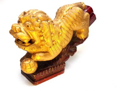Antiguo Leones de Fu en madera - Dorado