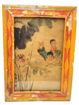 Antiguo marco de madera chino - Pintura - children and the lotus
