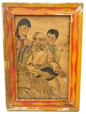 Antiguo marco de madera chino - Pintura - El abuelo y los nietos