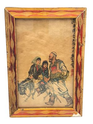 Antiguo marco de madera chino - Pintura - El burro los niños y el amo