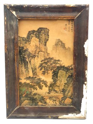 Antiguo marco de madera chino - Pintura - El puente en la montaña