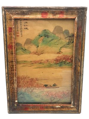 Antiguo marco de madera chino - Pintura - El río y los cerezos