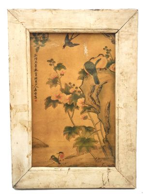 Antiguo marco de madera chino - Pintura - Pájaros