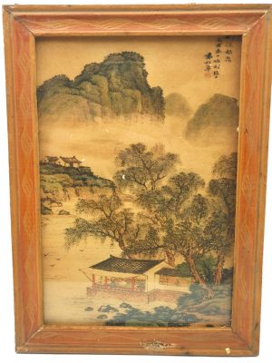 Antiguo marco de madera chino - Pintura - The house by the lake