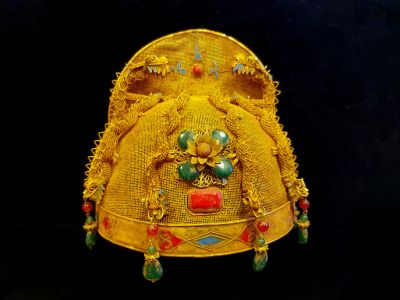 Antiguo Sombrero de teatro dorado - Emperador y Emperatriz - Dinastía Qing