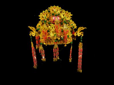 Antiguo Sombrero de teatro dorado - Emperador y Emperatriz - El fénix verde y rosa - Emperatriz