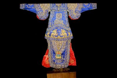 Antiguo teatro traje chino - Azul y Dragón de oro