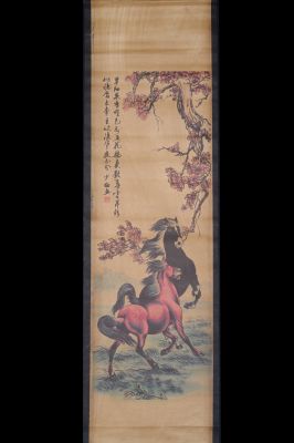 Chinesische Gemälde Kakemono Der Kirschbaum und die Pferde