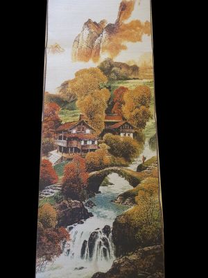 Chinesische Malerei - Stickerei auf Seide - Landschaft - Das Dorf am Wasser