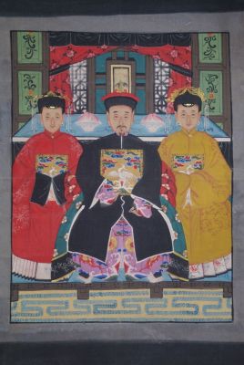 Chinesische Ahnenbilder Qing-Dynastie 3 Personen
