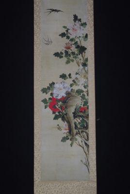 Pintura China sobre seda Flores rojas y blancas