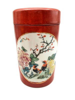 Kleine Chinesische Vase Porzellan - Farbig - Rot - Vögel auf einem Ast