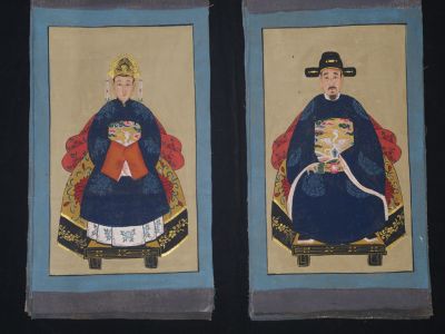 Pequeña Pareja de ancestros Chinos Pintura China Azul Marino