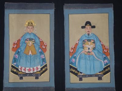 Pequeña Pareja de ancestros Chinos Pintura China Azul Real