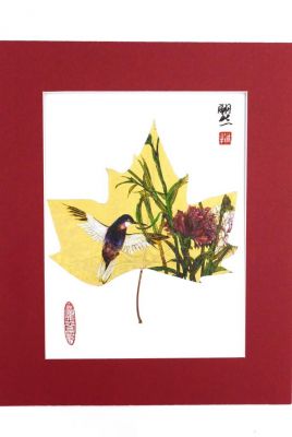Pintura china en la hoja del árbol - Pájaro y peonía