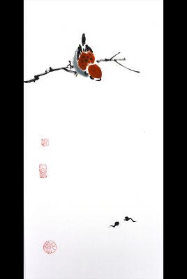 Pintura china moderna - Acuarela en papel de arroz - Aves y renacuajos