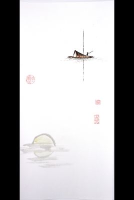 Pintura china moderna - Acuarela en papel de arroz - El bote de madera