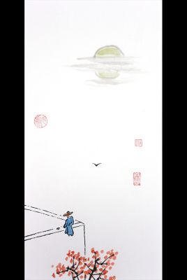 Pintura china moderna - Acuarela en papel de arroz - El monje