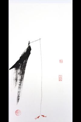 Pintura china moderna - Acuarela en papel de arroz - El pescador 2