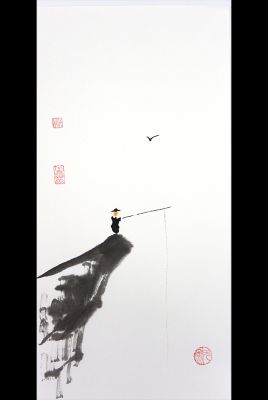 Pintura china moderna - Acuarela en papel de arroz - El pescador en el acantilado