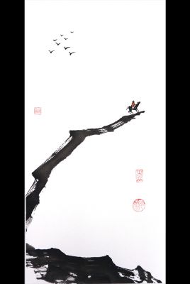 Pintura china moderna - Acuarela en papel de arroz - La montaña a caballo