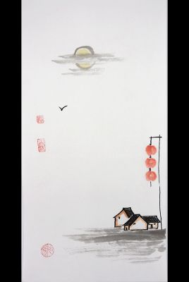 Pintura china moderna - Acuarela en papel de arroz - Pequeño pueblo