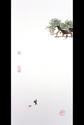 Pintura china moderna - Acuarela en papel de arroz - Senderismo