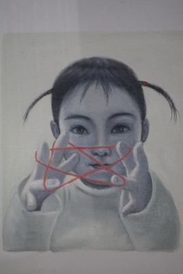 Pintura china sobre lienzo - Artista contemporáneo Zhu Yiyong - El bebé y la estrella roja