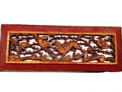 Placa de Madera Dinastia Qing Rojo y dorado - Animales fantásticos
