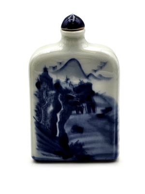 Tabaquera China de Porcelana - arte chino - Blanco y Azul - Paisaje 2