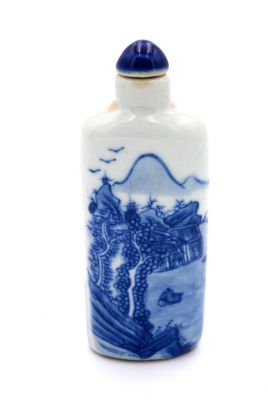 Tabaquera China de Porcelana - arte chino - Blanco y Azul - Paisaje 3